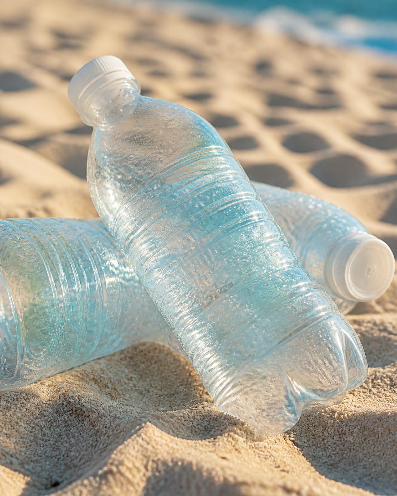 Two clean recovered PET bottles resting on pale sand
