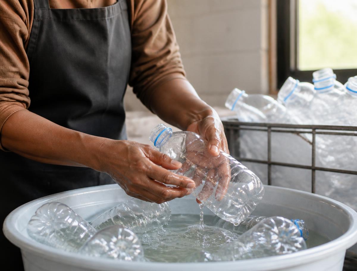 Hands washing clear plastic bottles in a workshop