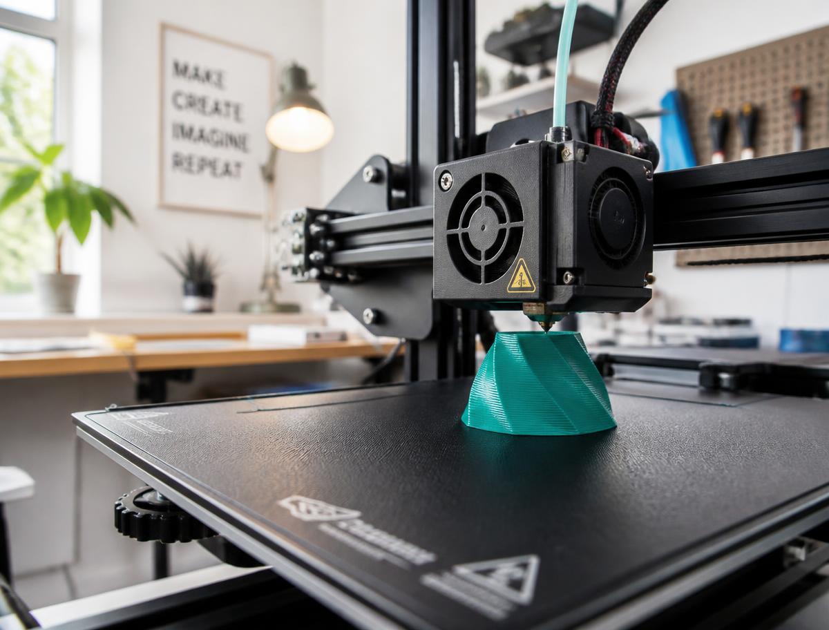 A 3D printer laying down teal recycled filament