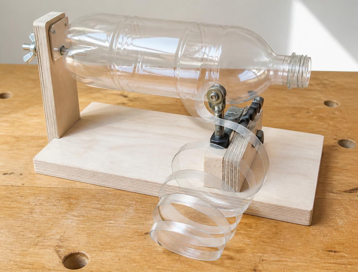 A bottle being cut into one continuous plastic strip